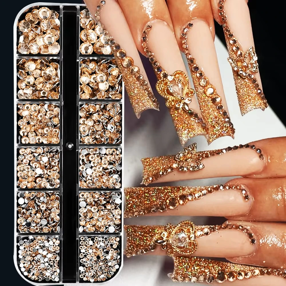 12Grid/box Non HotFix Rhinestone Mix Size Crystal Super Bright Glass Strass DIY DIY Glitter Stones Nail Art Decorations SS6-SS30