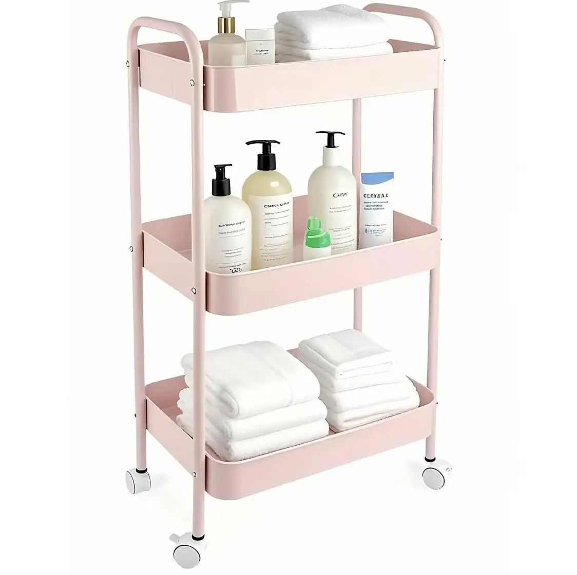 Multi-Functional 3-Tier Pink Rolling Storage Cart Heavy Duty Metal Mesh Organizer Rack Mobile Utility Trolley with Lockable Wheels for Kitchen Bathroom Office Closet Garage Books Tools