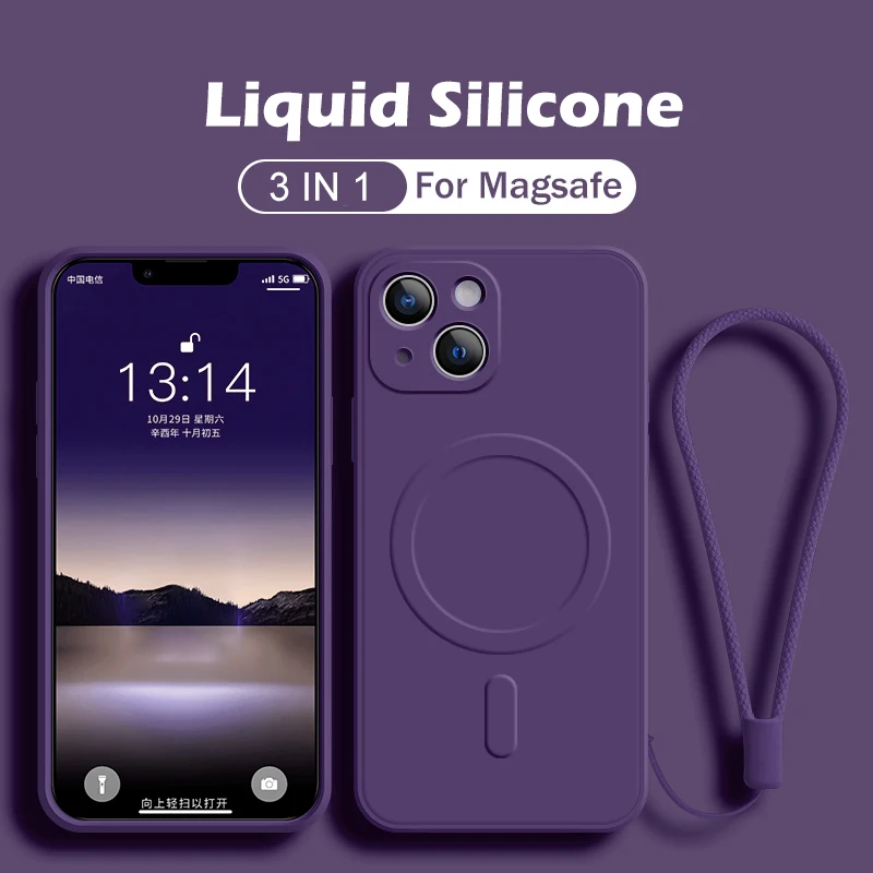 For iPhone 14 Pro Max Magsafe Case with Lanyard Liquid Silicone Magnet Phone Cases for iPhone 11 12 13 Pro Xs Max X Xr 7 8 Plus