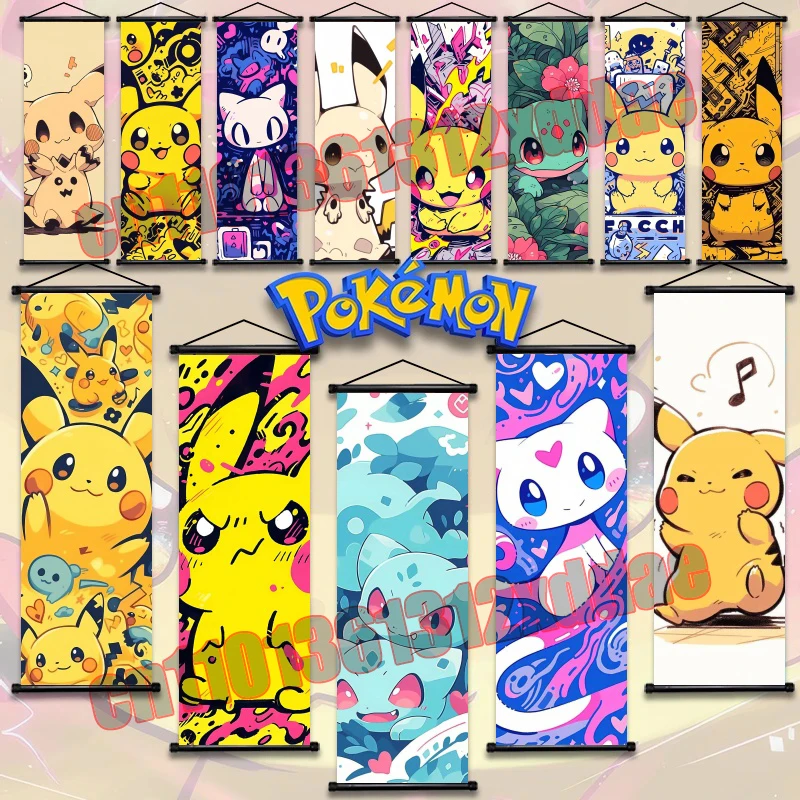 

Anime Pokemon Scroll Decorative Painting Poster, Gengar, Pikachu, Bulbasaur, Mewtwo, Art White Canvas Home Bedroom Mural Gift