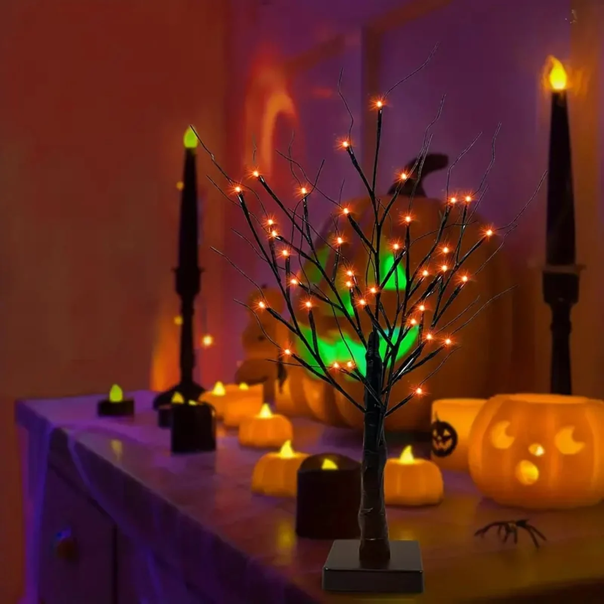 1 Stück 24 LED orange und lila beleuchtete Halloween künstliche Birke Licht DIY schwarze Zweige Lichter Tischplatte Halloween gruselig – Detail 1