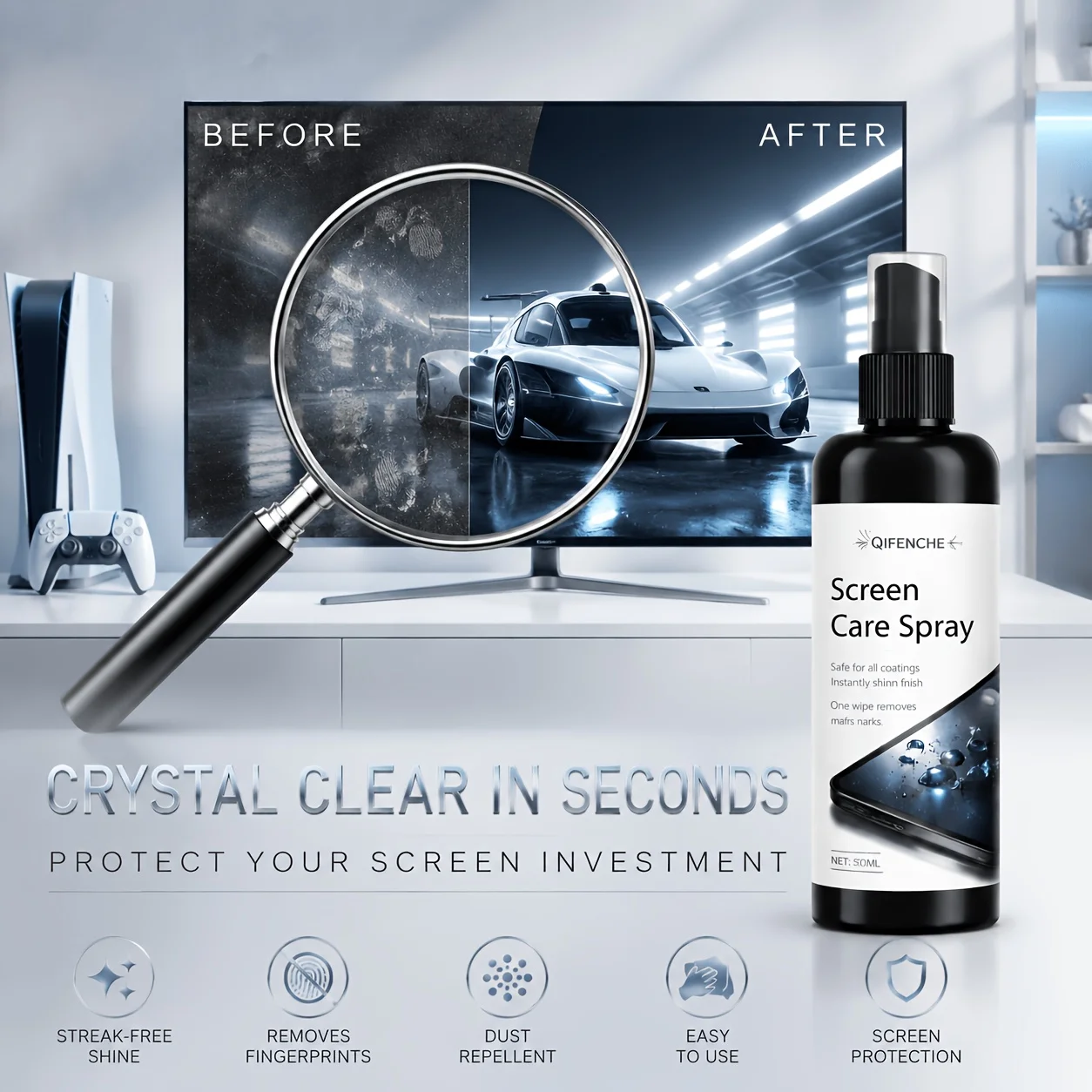 Monitor Cleaning Solution 50Ml 1.7 Fl Oz for Desktop Displays, Laptops, Tvs, Phone Camera Lenses, Gaming Gear Kit, Streak-Free Q