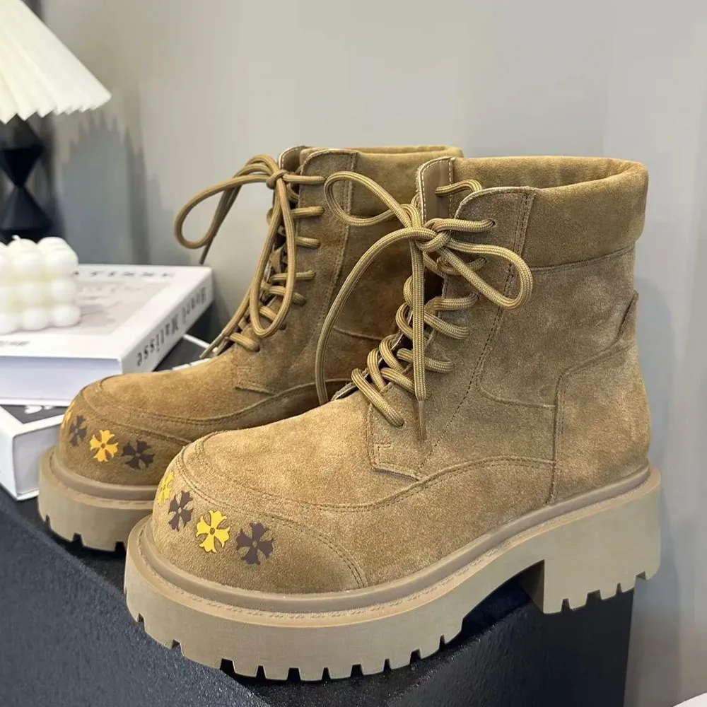 

Autumn Winter Leather Platform Women Motorcycle Boots British Style Workwear Female Short Boots Slip Wear-resistant Girl Shoes