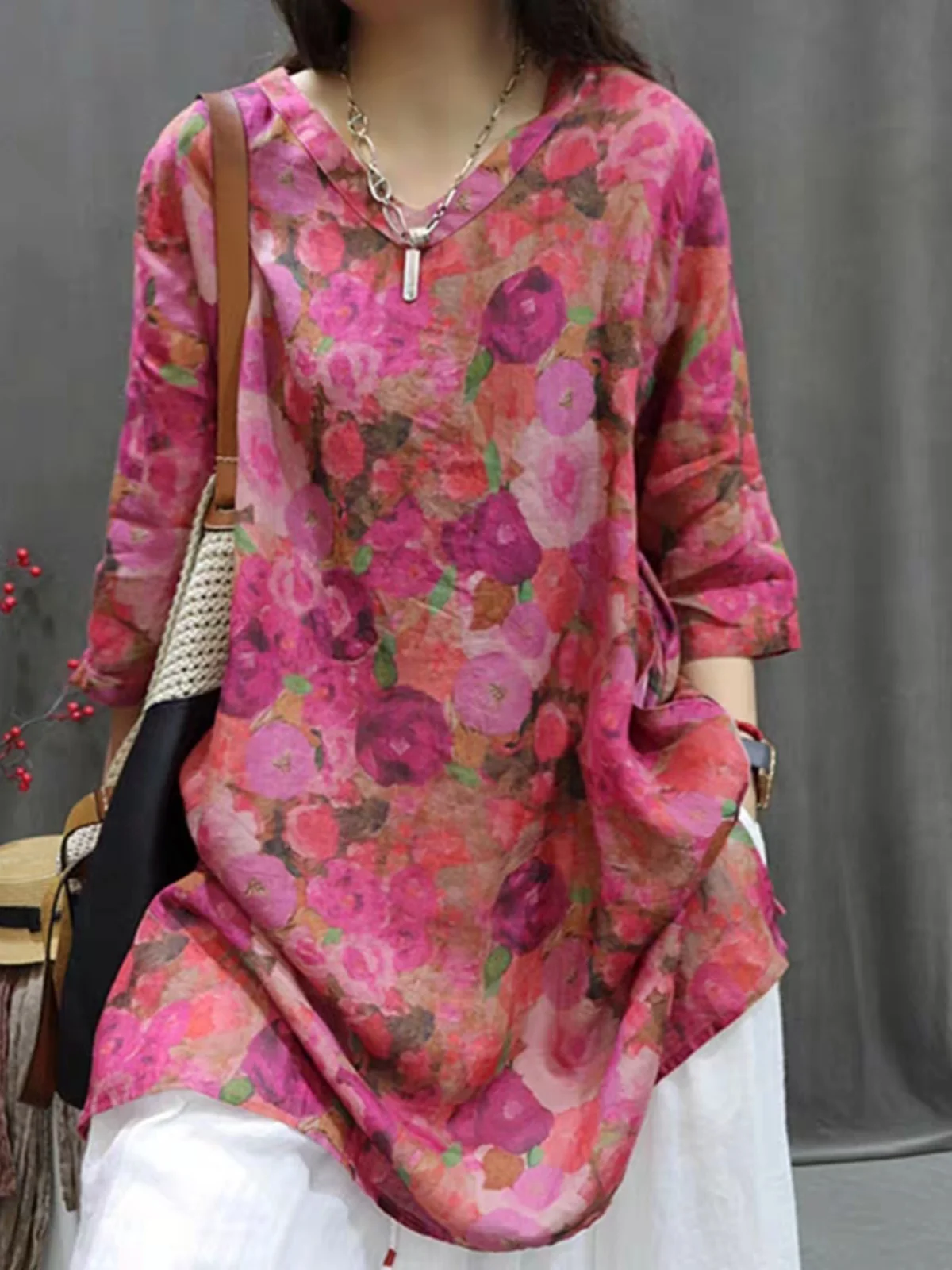 

Women's Cotton Linen V-Ne Svel irt Vintage Print Loose Fit Versatile Mid-Length Overhead Blouse Summer New Sle