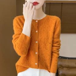 2024 Autumn/Winter New Round Neck Hollow 100% Merino Wool Knitted Cardigan Women's Versatile Coat Loose Casual Sweater DMR D281
