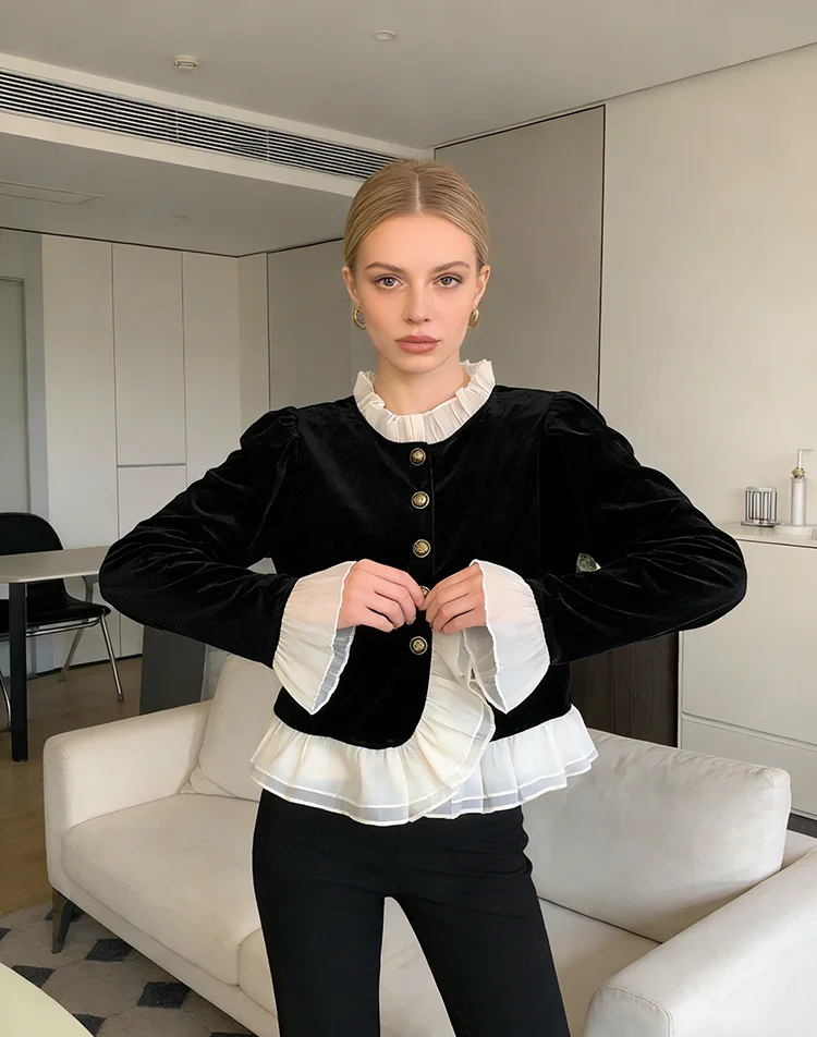 

Куртки с длинными рукавами для женщин, однобортные, однотонные, во французском стиле, модные, с рюшами, теплые, стильные, молодежные, красивые, в стиле пэчворк