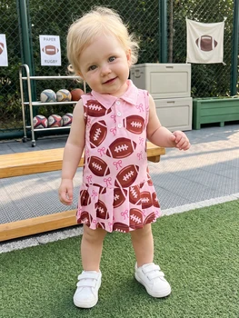 Toddler Dress Printed-Sleeveless-Collared Collared Pleated Girl Football Tank Football Tank Durable Toddler Dress