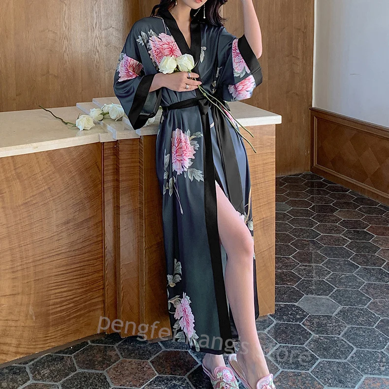 Long Shower Robe Print Flower Kimono Gown Lady Rayon Homewear Spring Summer New Nightgown Intimate Lingerie Women Sexy Sleepwear