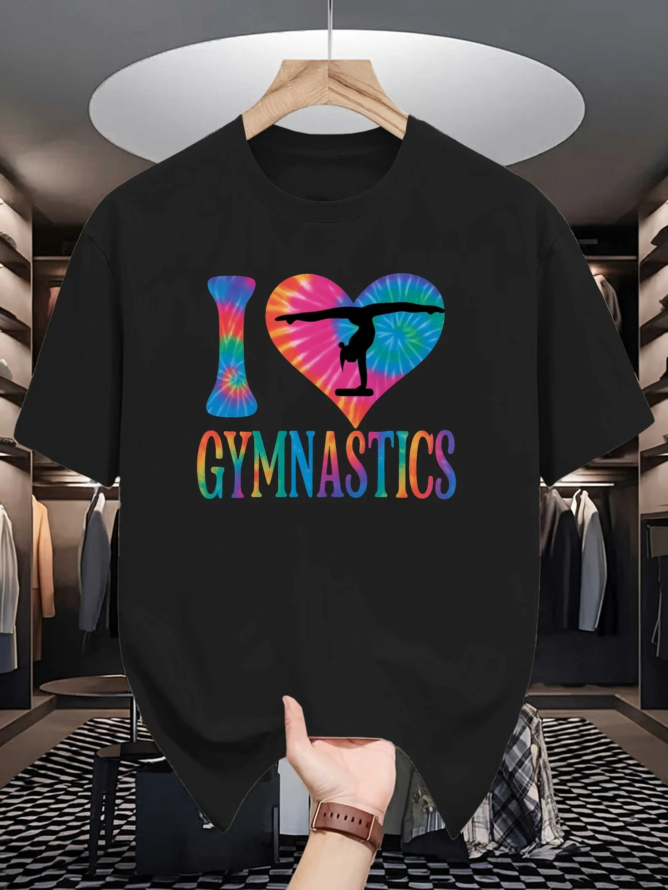 Tie Dye Heart Gymnast Graphic Mens Crew Neck T Shirt I Love Gymnastics Sport Print Short Sleeve Casual Cotton Daily Street Tops