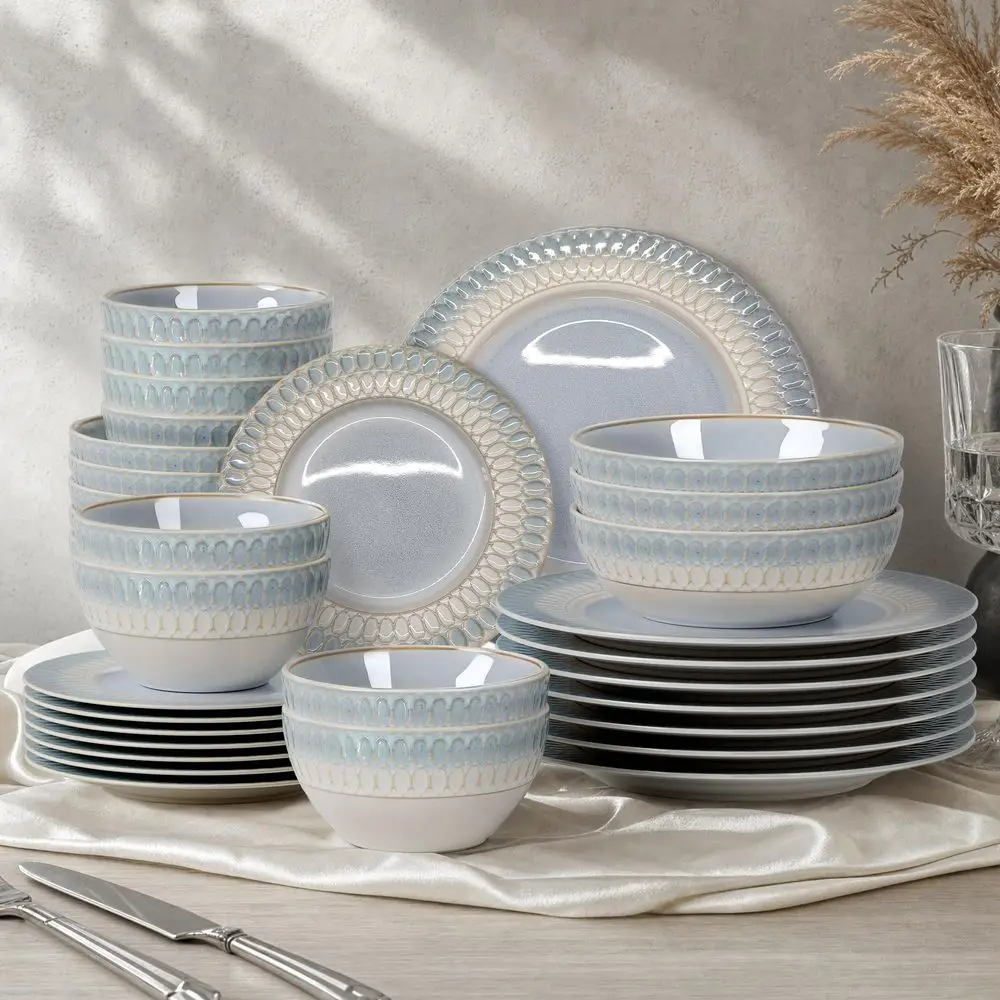 32pcs Stoneware Plates and Bowls Set for 8, Blue