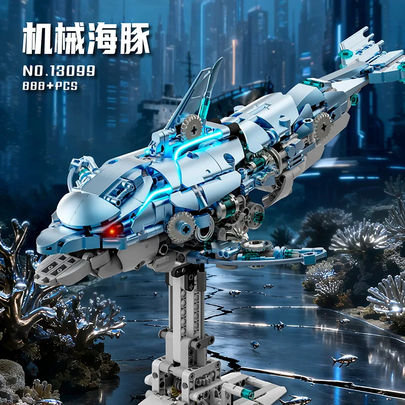 888 pçs modelo de golfinho mecânico blocos de construção kit série animal articulações móveis criatividade montado brinquedo ornamento criança presente natal