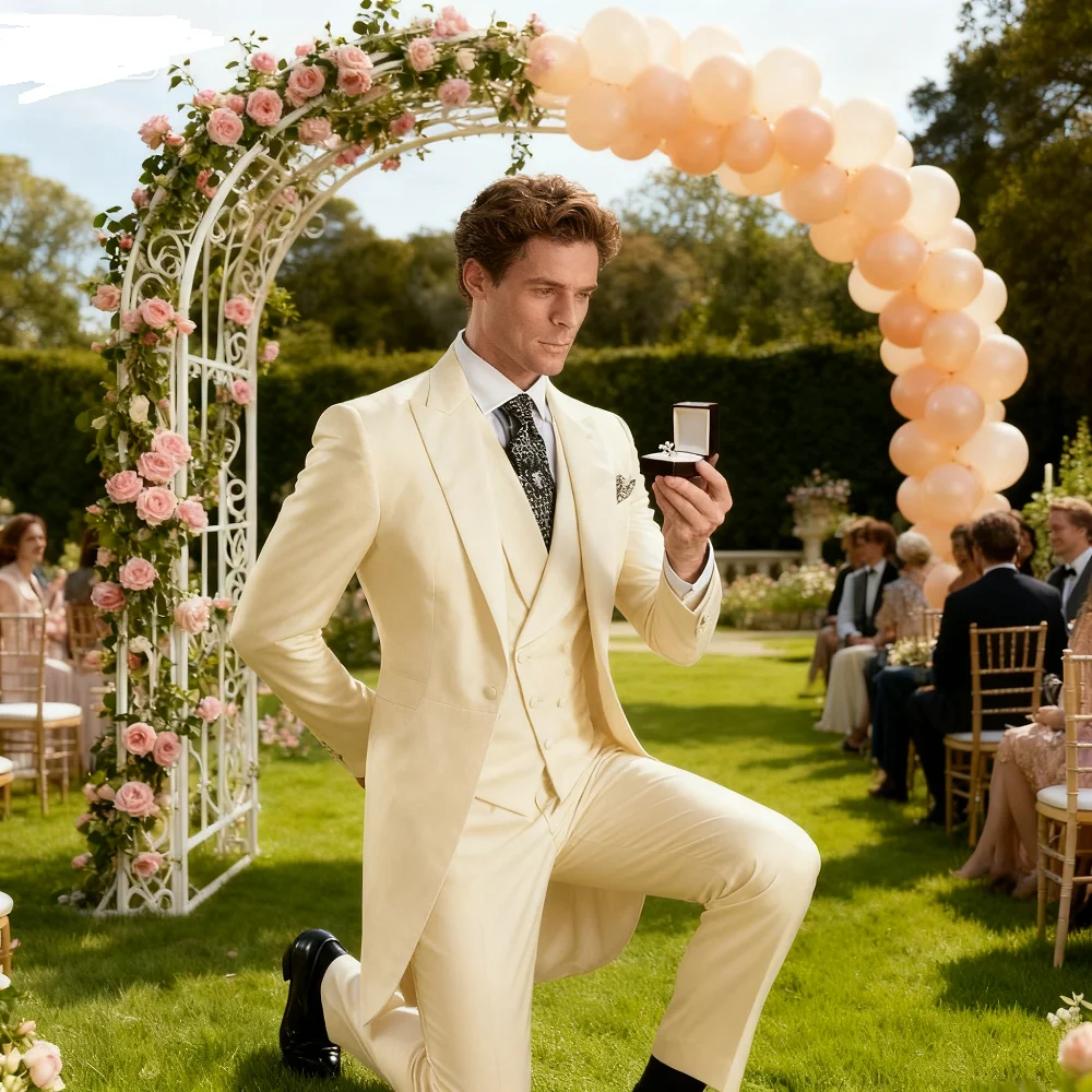 

Men's Monochromatic Tuxedo Set Business Smoking Wedding Dress Blazer Jacket Vest Pants 3-Piece Suit for Formal Occasions