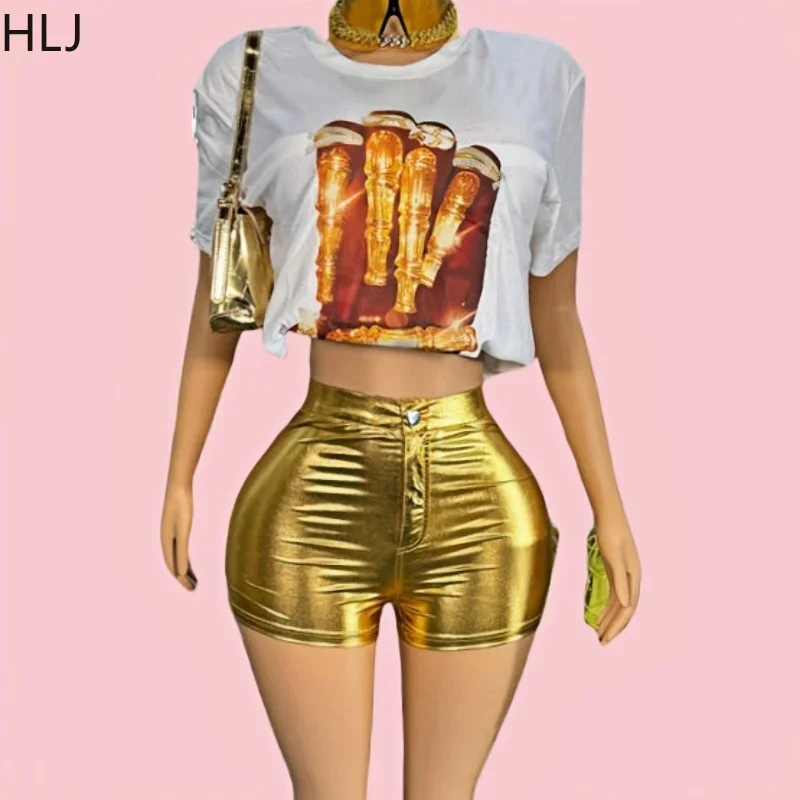 

HLJ Y2K Fashion Pattern Printing Tshirts Two Piece Sets Women O Neck Short Sleeve Top And Button Shorts Outfit Female Streetwear