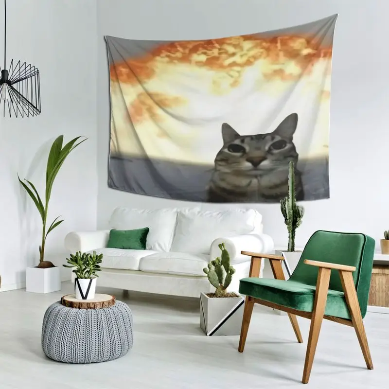 VIKAMA Sunset Healing Injustice Internet Celebrity Cat Emoji Tapestry, Cute Wall Art for Bedroom Living Room Decor