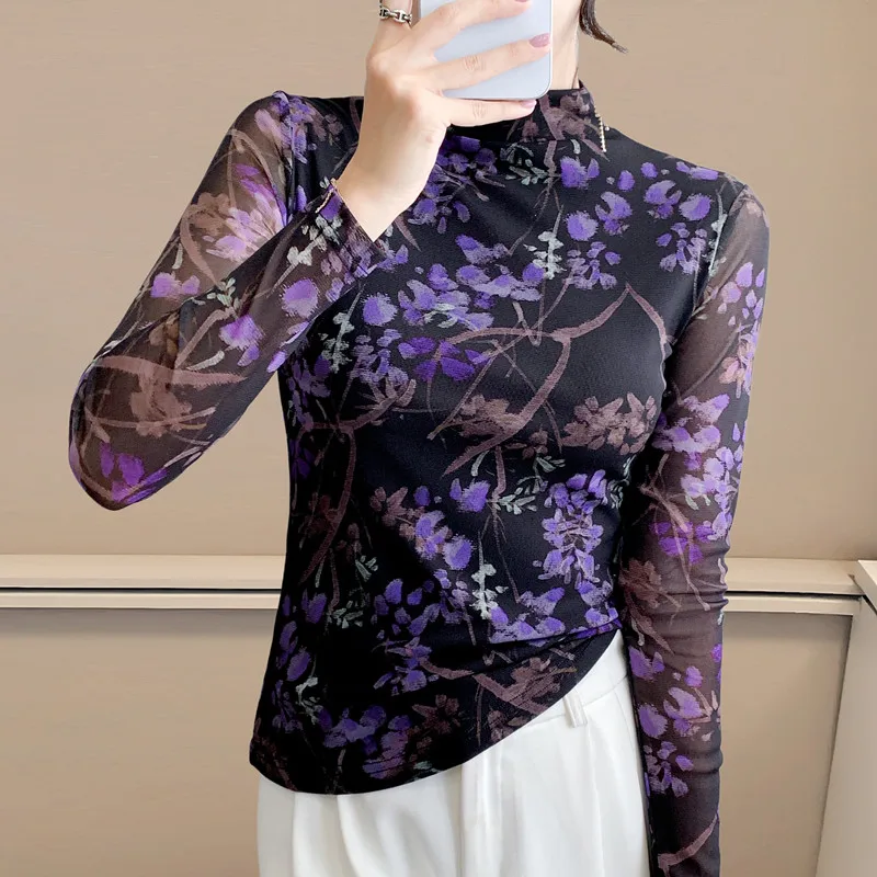 2025 New Women's Semi-Turtleneck Mesh Base Layer Shirt. Chic Long Sleeve T-Shirt for Fall, Fashionable Blouse for Layering