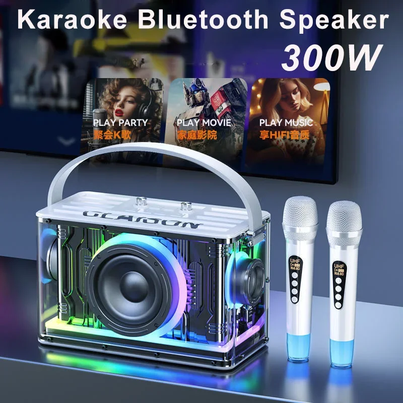 High-power Karaoke Soundbox with Duel Wireless Mic Transparent Mecha Style Portable Party Gaming Music Audio Bluetooth Speaker