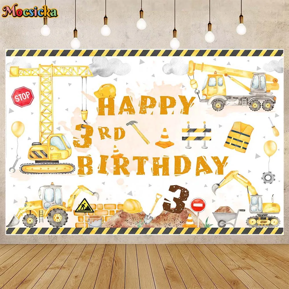 

Mocsicka Happy 3rd Birthday Backdrop Boys Birthday Party Decor Banner Excavator Construction Site Photography Background Studio