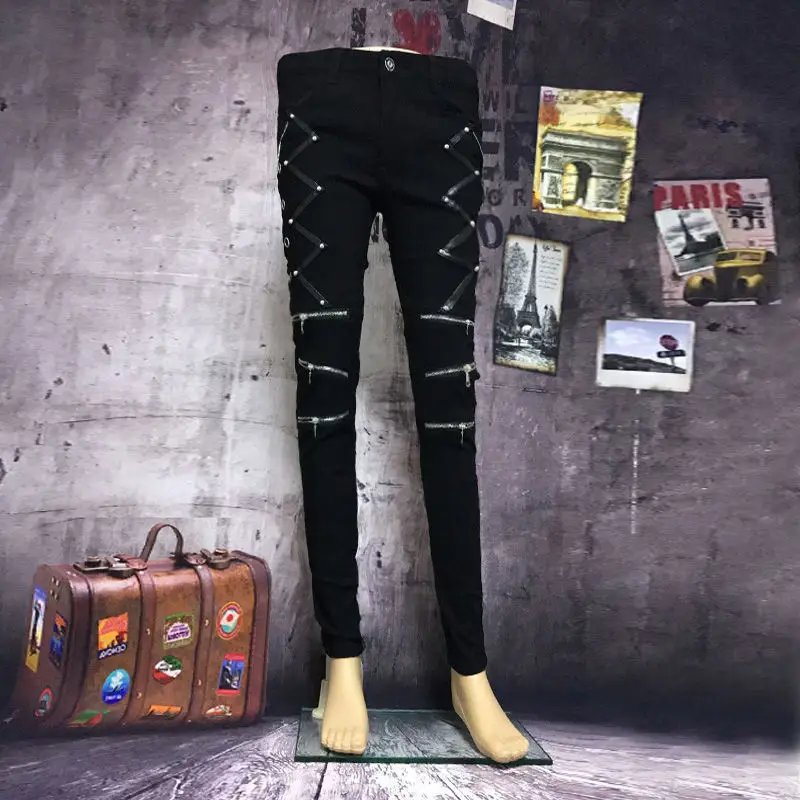 Men's Casual Pants Hairstylist Fashion Slim-fitting Pants Non-mainstream Alternative Willow Spikes Leather Leggings