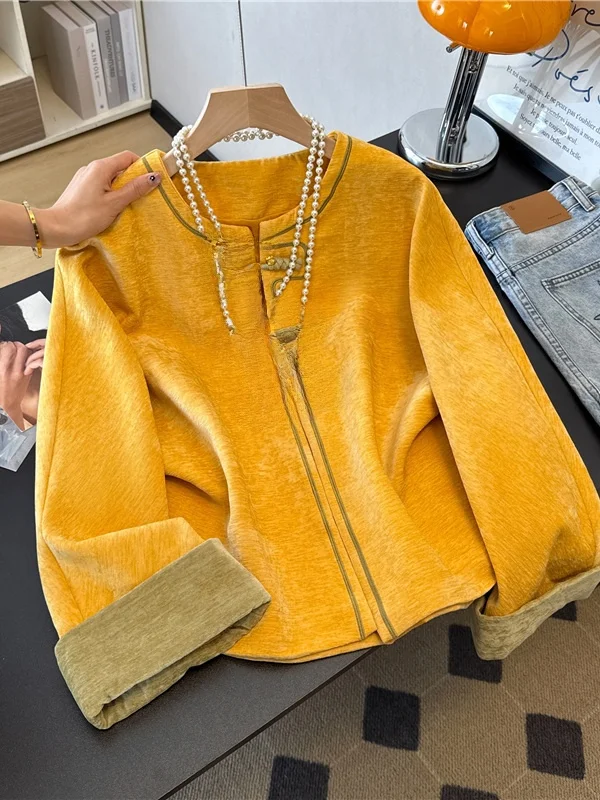 

New Chinese Sle High-End Feel Outerwear Vintage Color Blo Long Sve round Ne Button up irt Traditional Ethnic Faion