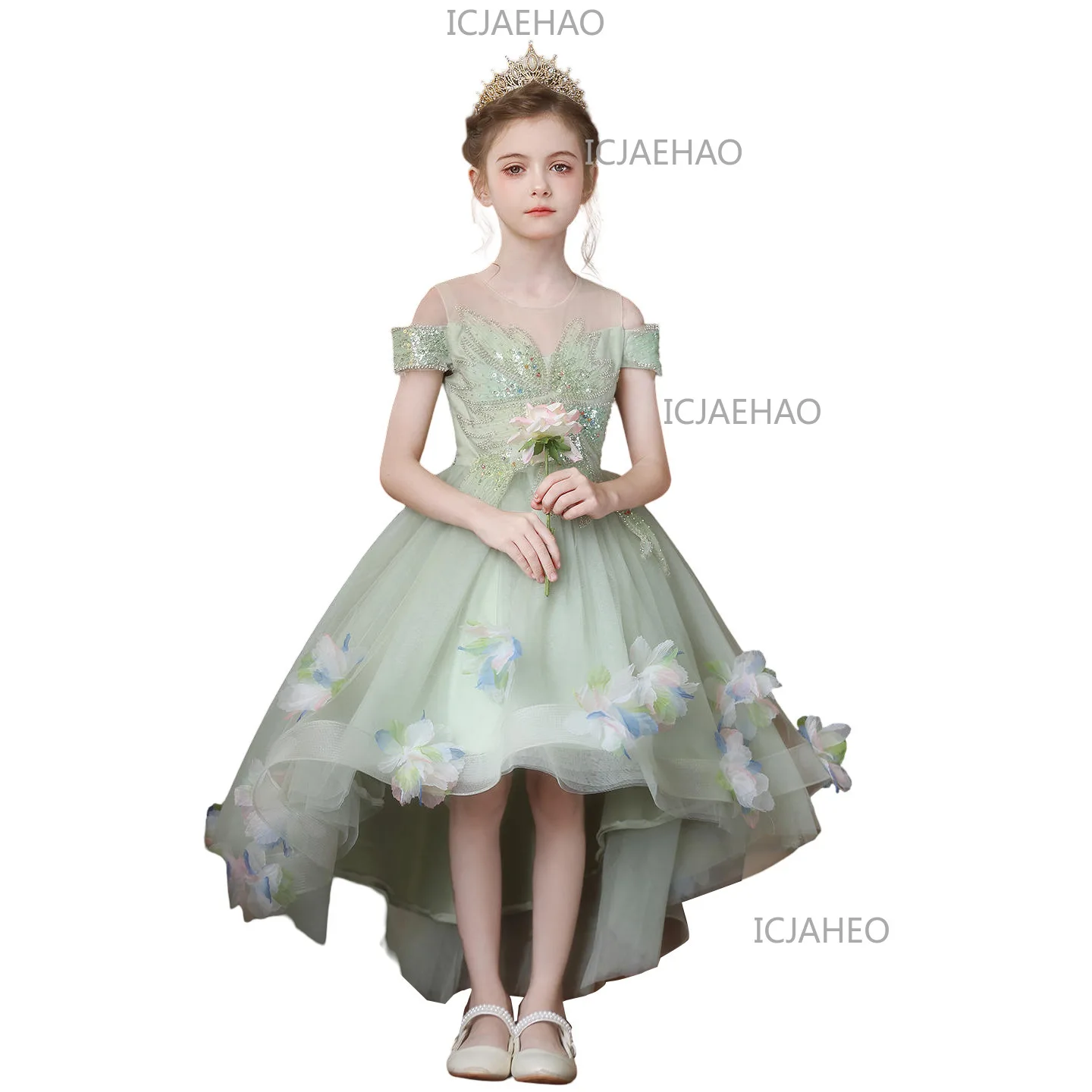 Girls Princess Dress Green 3D Floral Design Outfit  Birthday Party Banquet   Dress Formal Gown For Kids Host Piano Performance view 5