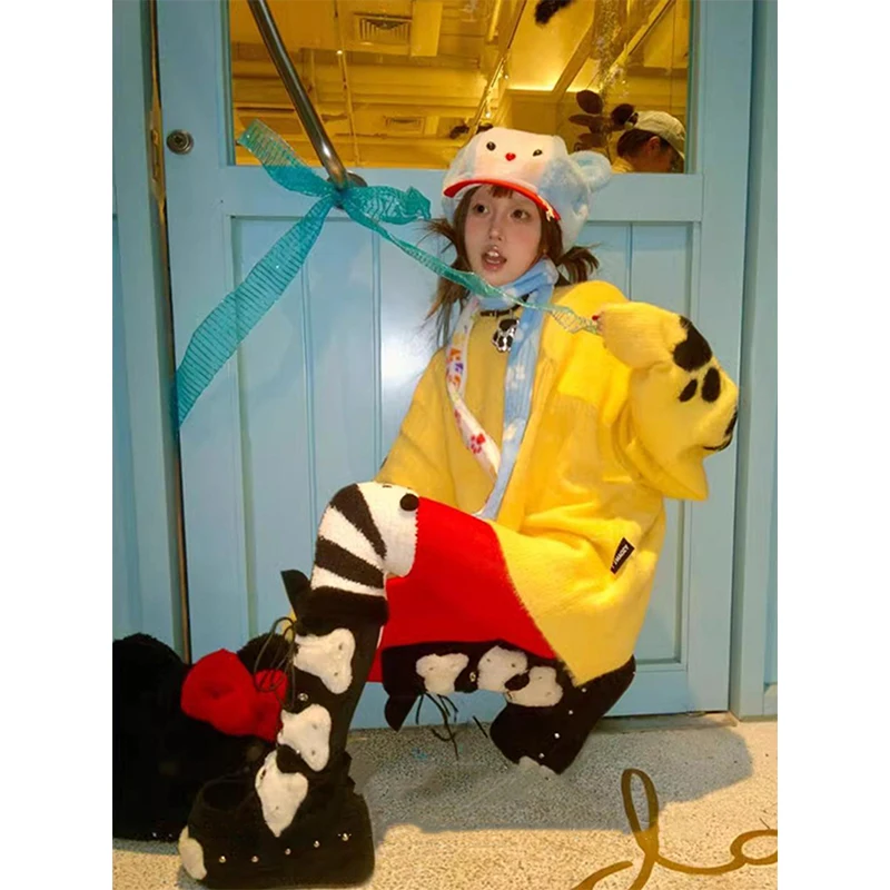 하라주쿠 프린트 스웨터 여성 Y2K 오버사이즈 니트 풀오버 일본식 긴팔 니트웨어 겨울 O넥 캐주얼 디자인 점퍼