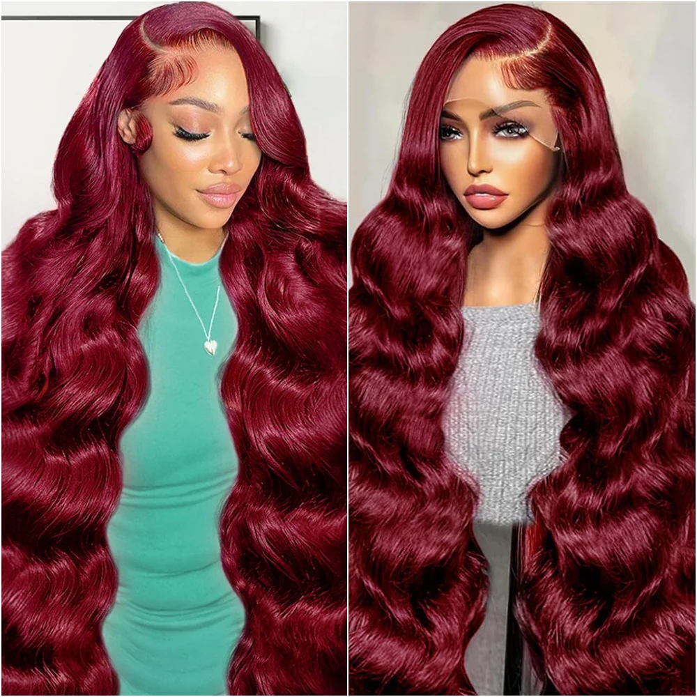 

99j Бордовые объемные волны 13x4 HD Кружевные фронтальные парики 200% Плотность 13x6 Прозрачные кружевные фронтальные парики Предварительно сорванные для женщин 40 дюймов