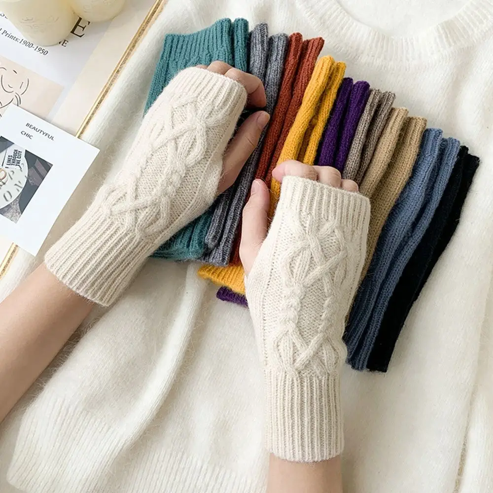 Fingerless Mittens Driving Gloves Elastic Solid Color Plus Velvet Knitted Mittens Half-finger Gloves Female Gloves Twist Gloves