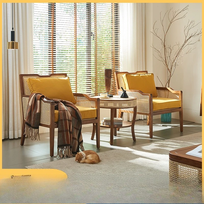 

Balcony rattan table and chair three-piece combination home living room leisure sofa chair retro wabi **** single rattan chair