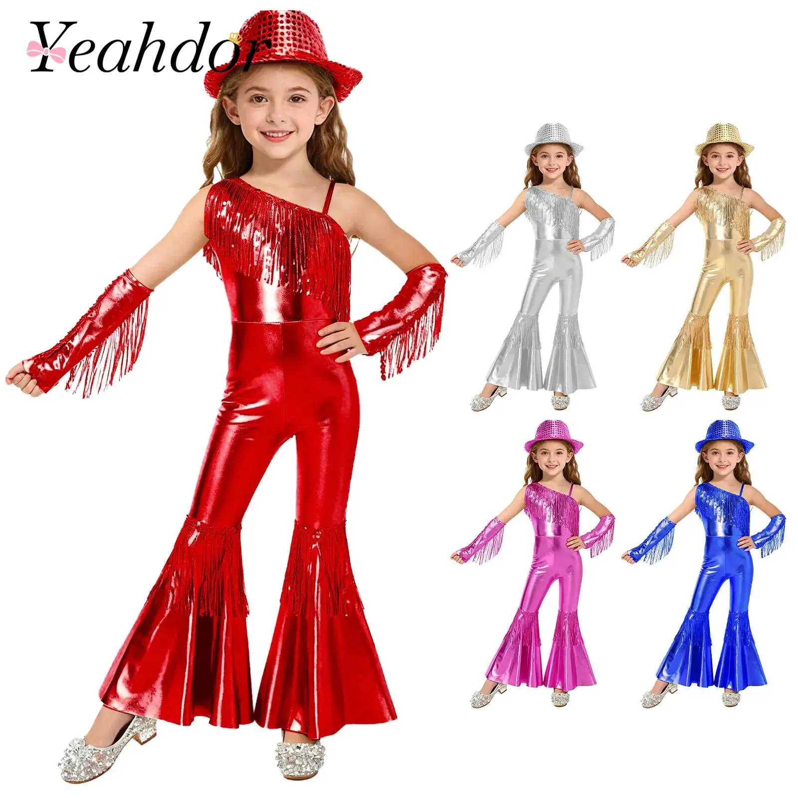 Kids Girls 70s 80s 60s Jazz Disco Dance Costume Pageant Party Outfit One Shoulder Sequins Tassels Flares Jumpsuit with Gloves
