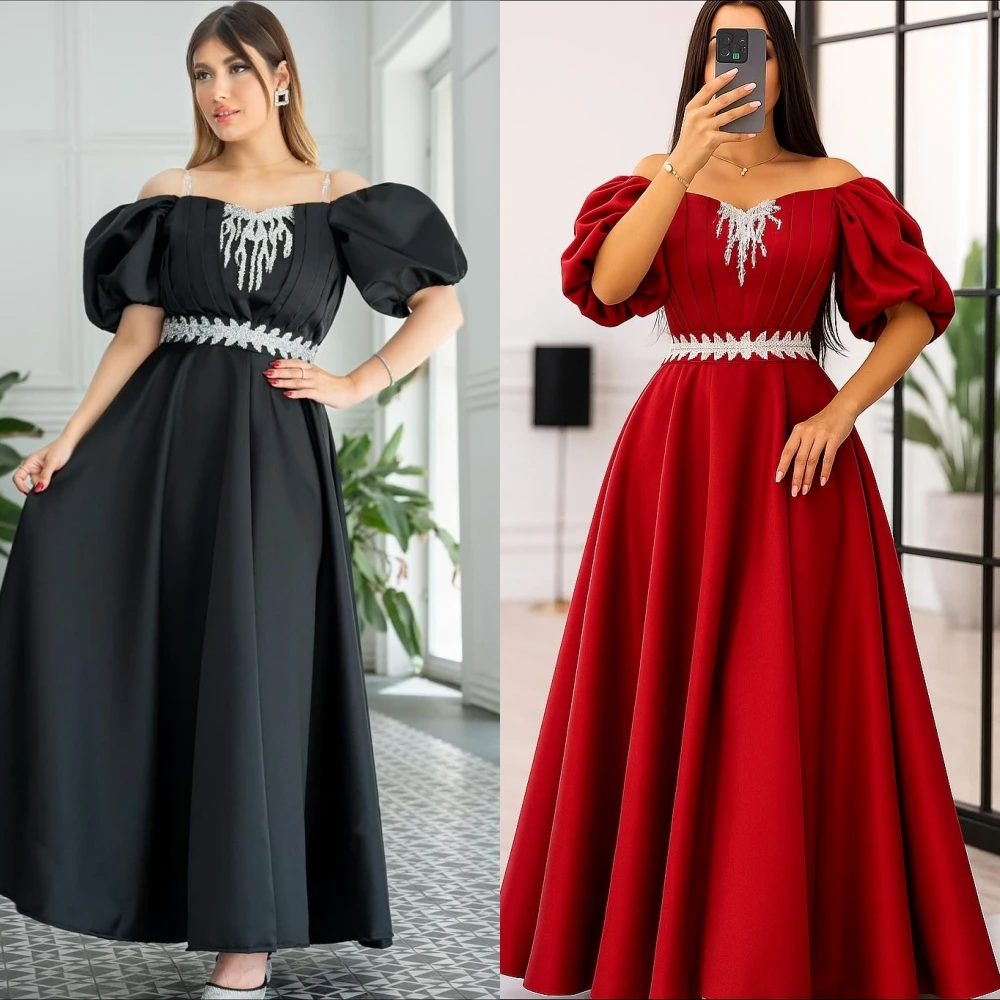 فستان سهرة رسمي أنيق مخصص برقبة قارب على شكل حرف A وأكمام قصيرة، فساتين مناسبة كلاسيكية حديثة للحفلات