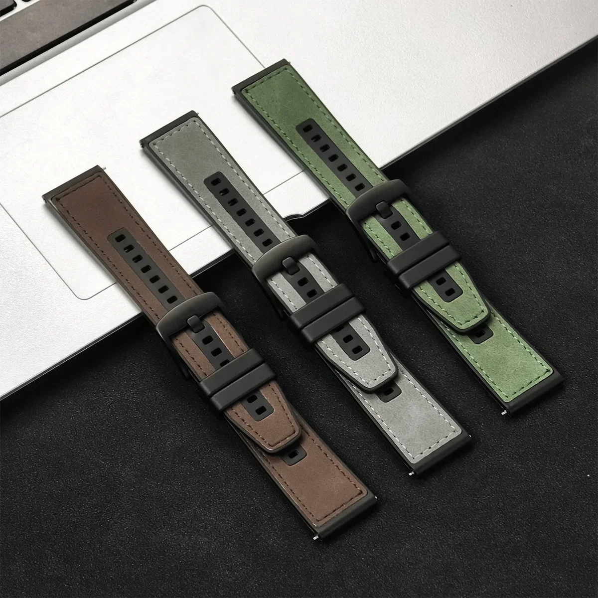 22MM Silicone Leather Watchband Black And Green Men's Military Breathable Watch Bracelet Quick Release Movement Wrist Strap