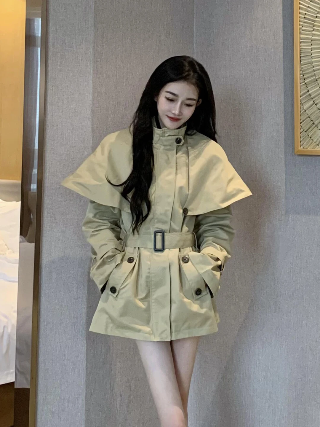 

Kaki Color Short Women's Coat Spring New Style Retro Style Loose Fit Long Sleeve Double Breasted Waist Cinched Jacket