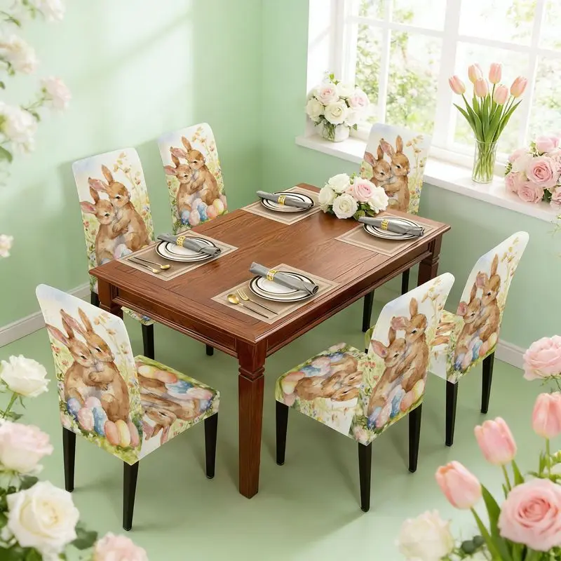 Flat print elastic dining chair set watercolor style, two brown rabbits hug each other, grass flower with Easter egg pattern
