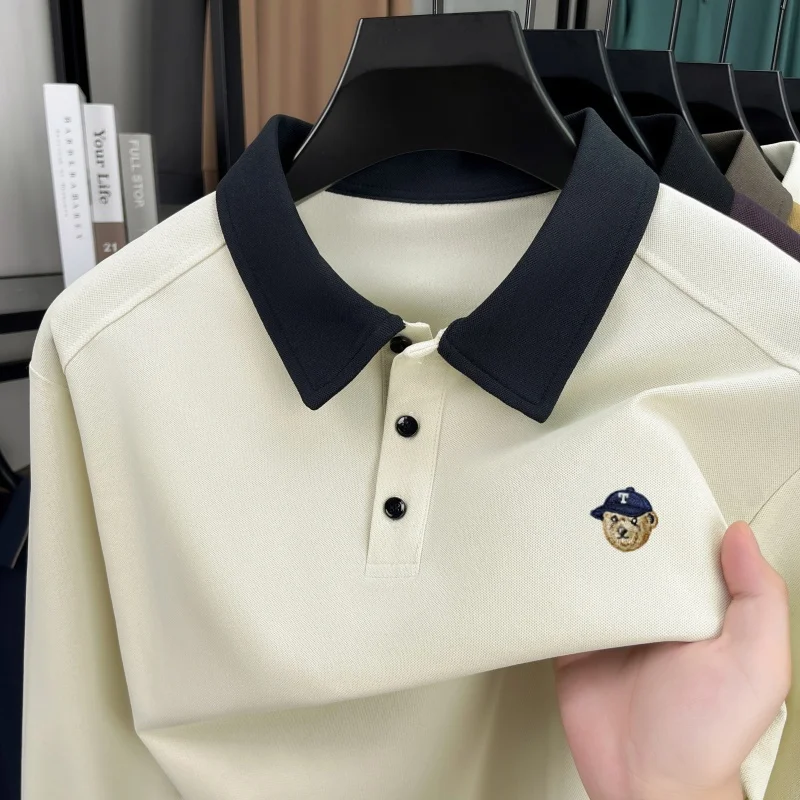 

Высококачественная мужская рубашка-поло с длинными рукавами, новая дизайнерская модная брендовая осенняя удобная повседневная футболка с лацканами с медвежьим принтом