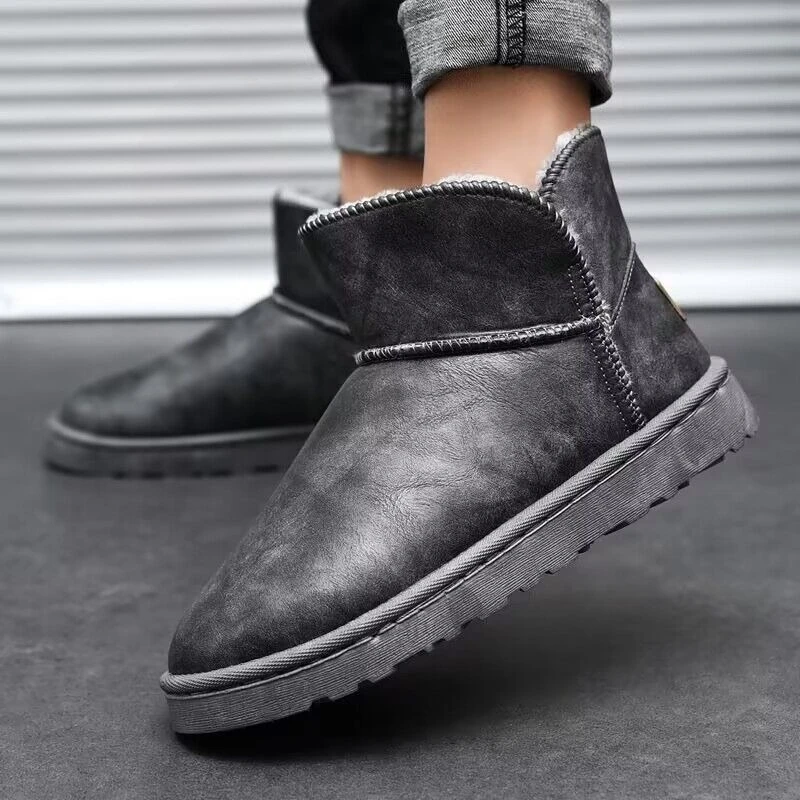 Men Snow Boots Winter Waterproof Slip on Warm Fleece Lined Outdoor Non Slip Leather Ankle Boots Casual Plush Comfortable Shoes