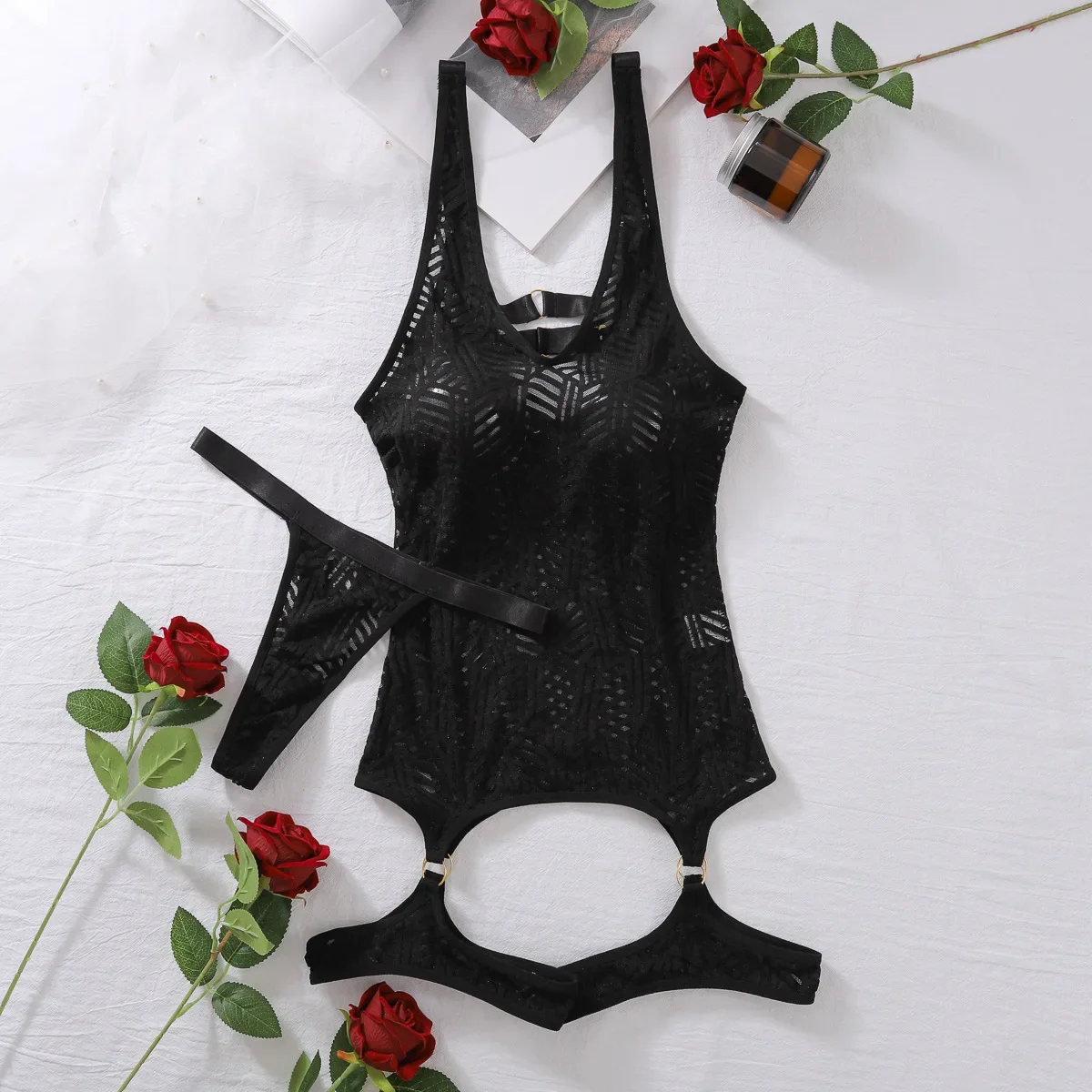 مثير منظور الجاكار الملابس الداخلية النساء الصيف عارية الذراعين شبكة ارتداءها مع حلقات الساق الإناث انظر من خلال الملابس الداخلية قطعتين مجموعة