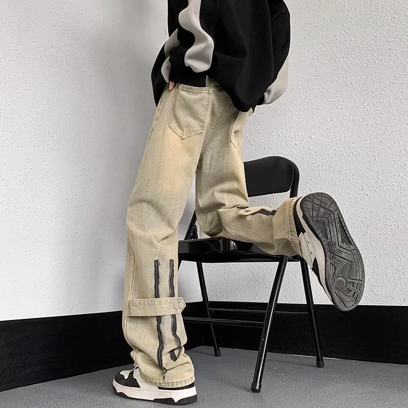 

Autumn Winter Extra Large Size 300 Pou Yellow Mud Color Men's Jeans High Waist Straight Leg Zipper Loose Fit Casual Trousers