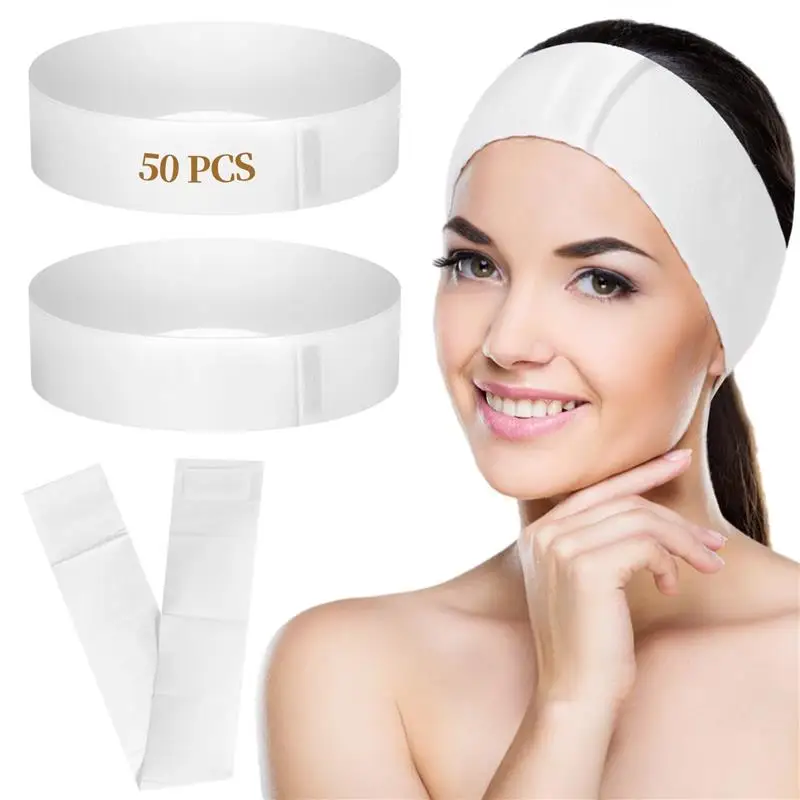 50Pcs Disposable Spa Headbands Elastic Headband Wrap Adjustable Closure Stretch Non-Woven Facial Bandeau Soft Skin Care Headband