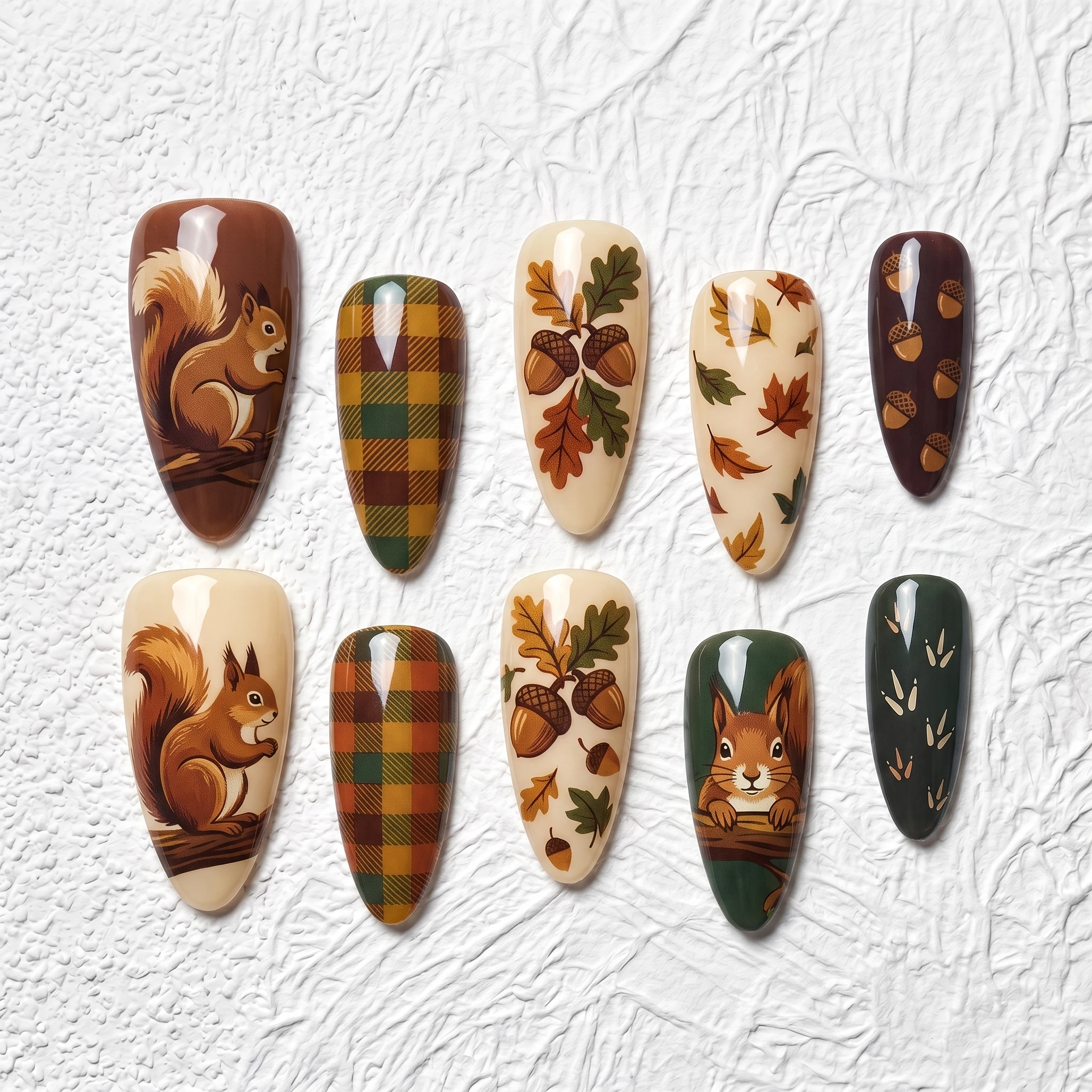 Artisan Handcrafted 10PCS Autumn Forest Almond Press-On Nails | Squirrel, Acorn & Leaf Motifs, Plaid Textures, Glazed Finish, Fa