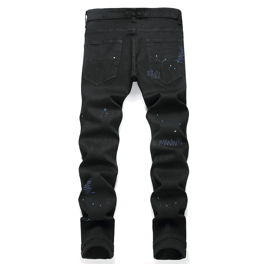 Men Crystal Cross Stretch Denim Jeans Holes Ripped Distressed Black Pants Embroidery Slim Tapered Trousers