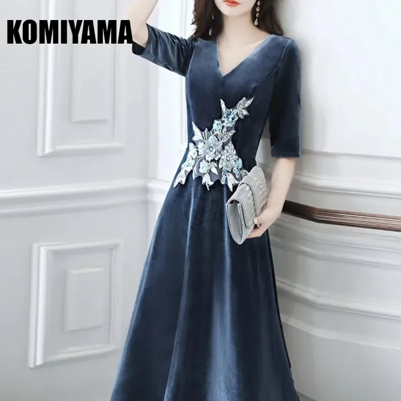 

Appliqué Slim Waist V-neck Wedding Party Vestidos Half Sleeve Long Elegant Prom Dresses Long Temperament Simple Evening Dress