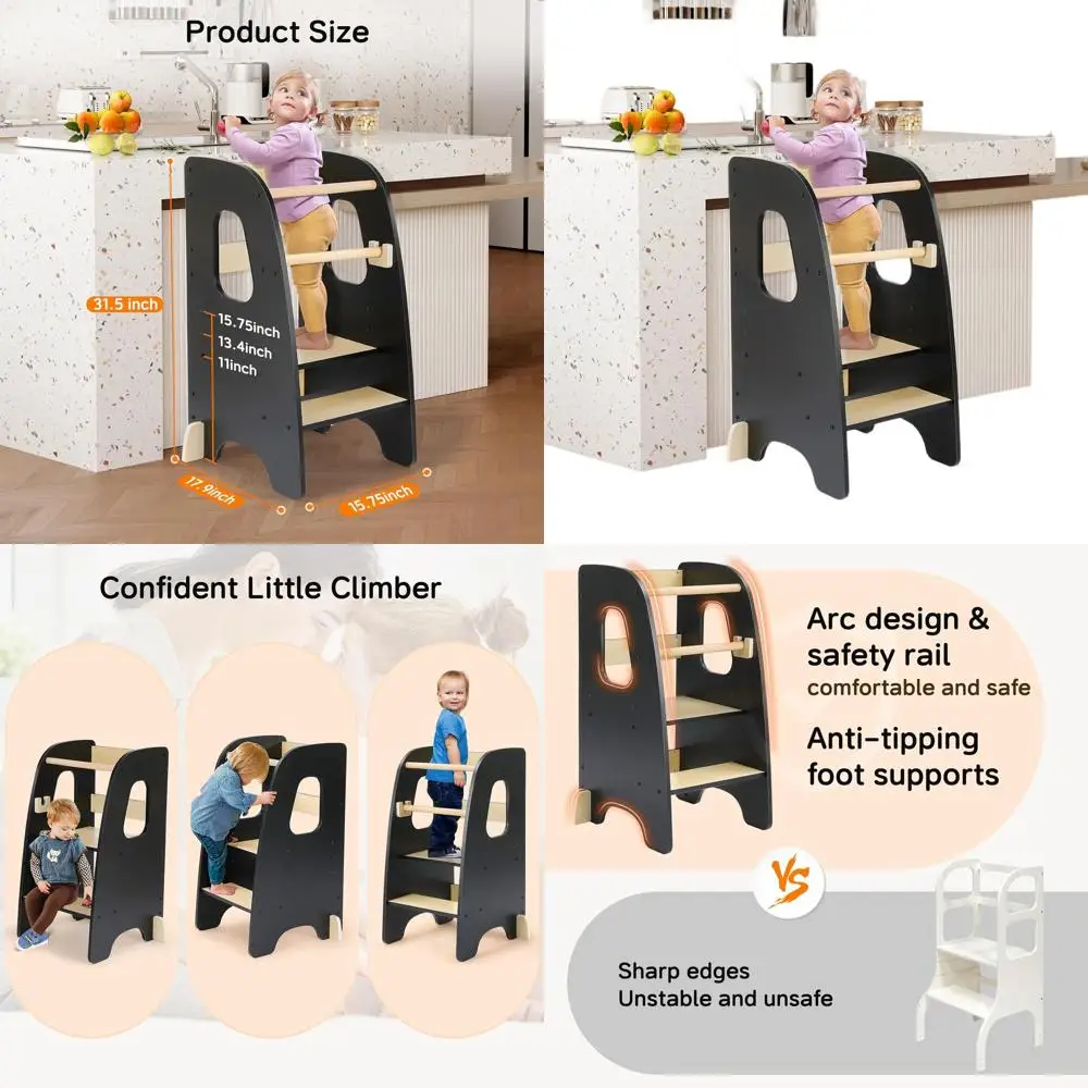 Anti-Tip Toddler Kitchen Helper Stool, Rounded Edge, Removable Rail, for Ages 1.5-6, Black