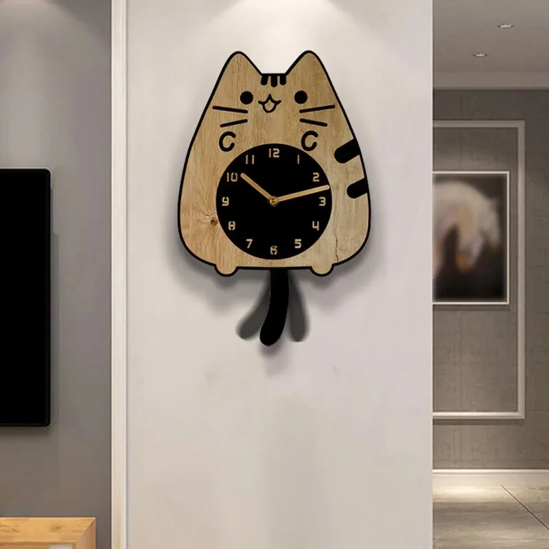 Cat Wall Clock Decorative Creative Mute Modern Stylish with Swinging Tail Cute Decorative Clock Silent Clock for Indoor