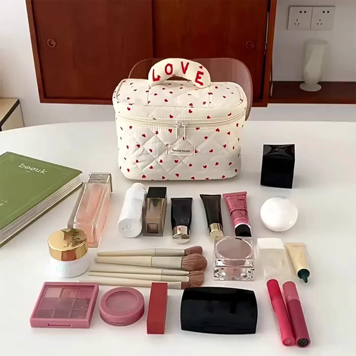 Simpatica borsa per il trucco in cotone trapuntato da donna con cerniera organizzatore cosmetico borsa da donna scatola di stoffa custodia da toilette portatile per ragazze