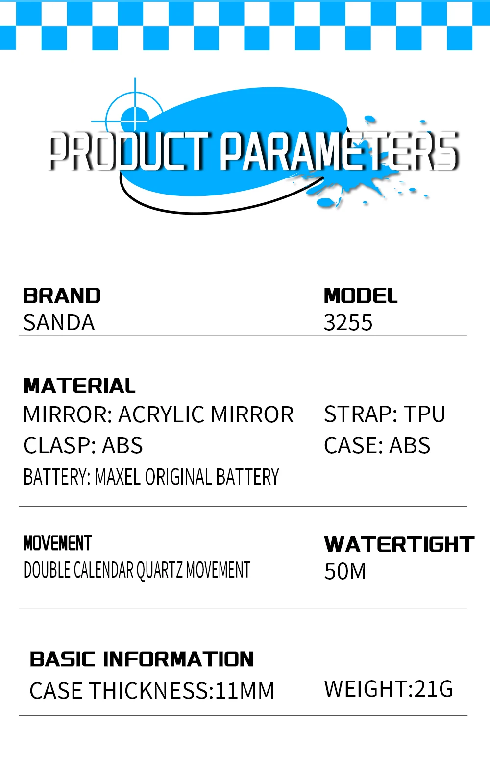 SANDA 3255 Водонепроницаемые кварцевые часы для детей и студентов с двойным календарем, простые и стильные студенческие часы 2025