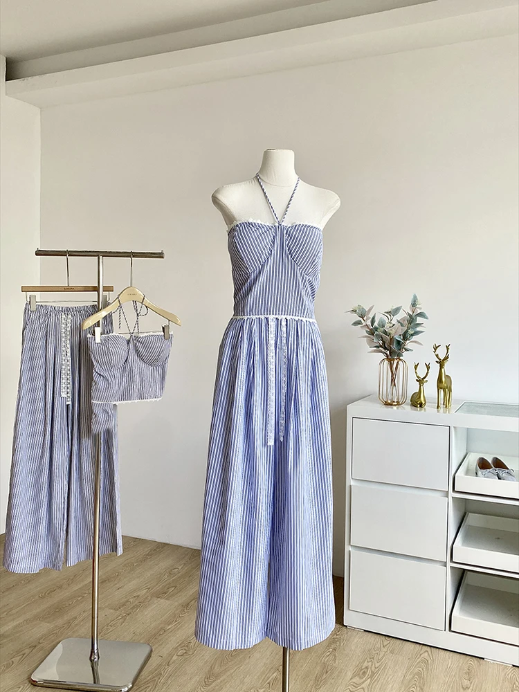 

2025 summer new Korean style fashion striped halter strapless vest+casual versatile drawstring wide leg pants for women
