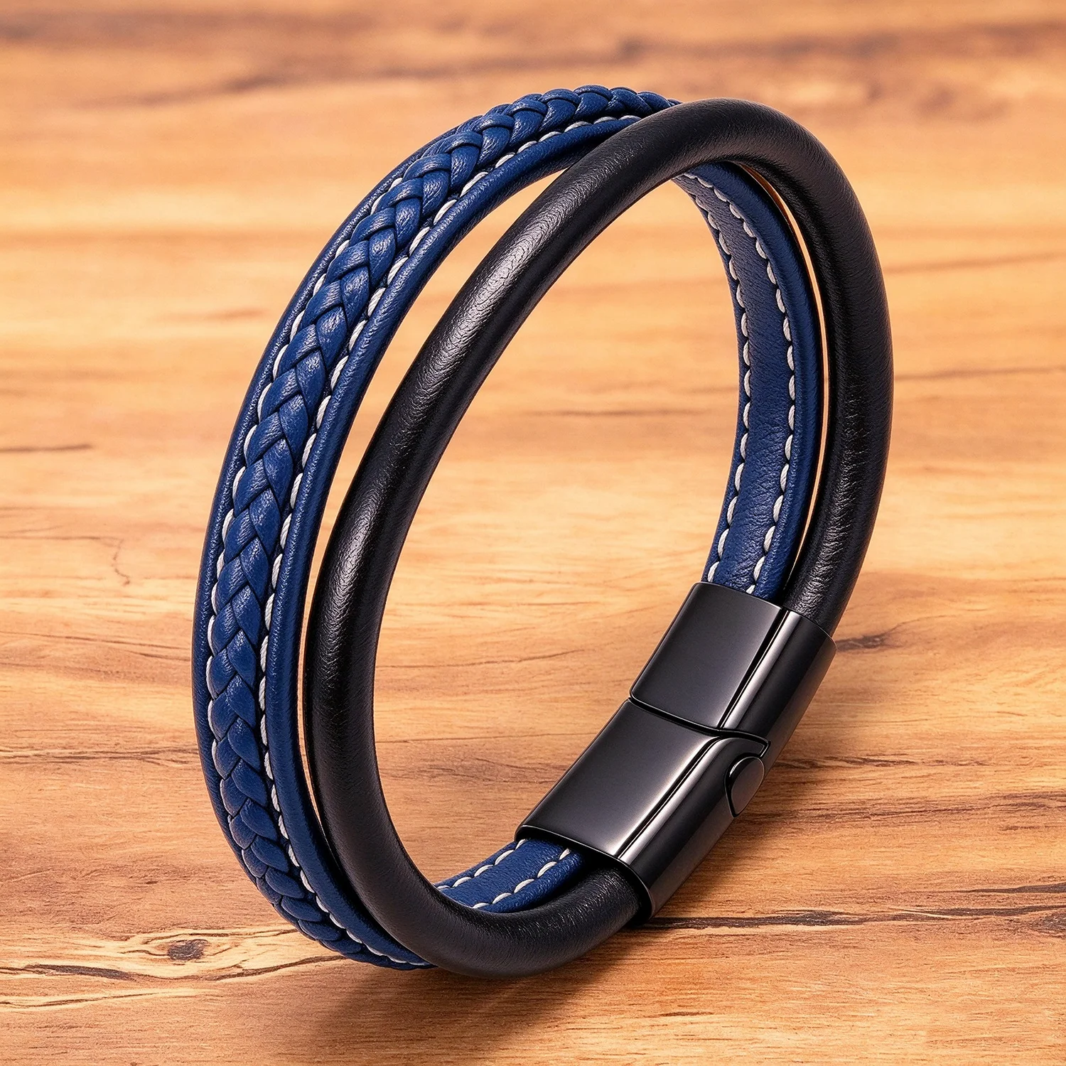 Men's Dual-Band Leather Bracelet Braided Smooth Leather Two-Tone Woven Cuff Matte Black Magnetic Clasp Minimalist Bangle Jewelry
