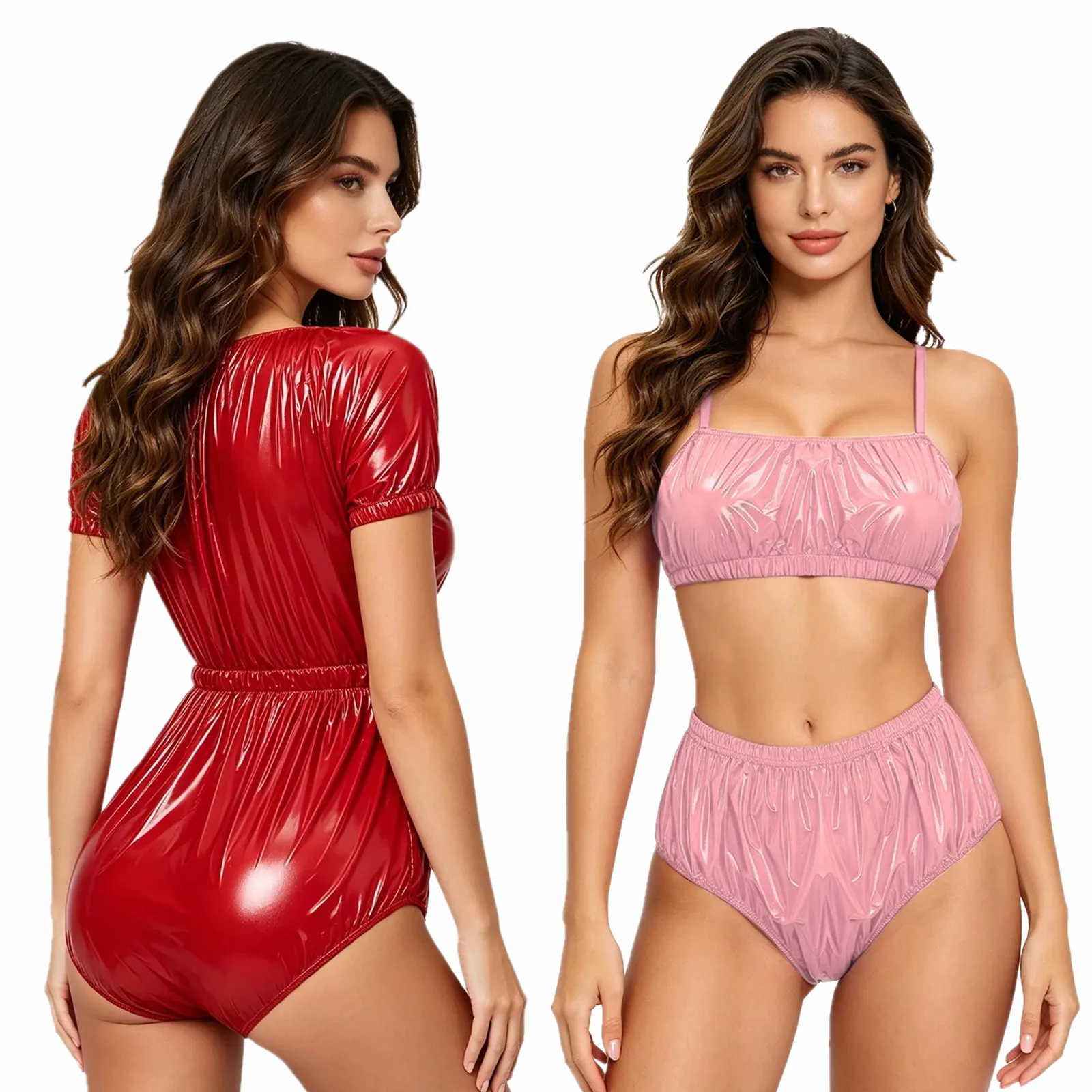 Womens Metallic Glossy Bikini Swimsuit Two Pieces Swimming Suit No-pad No-wire Bra Top And High Waisted Briefs Swimwear Clubwear