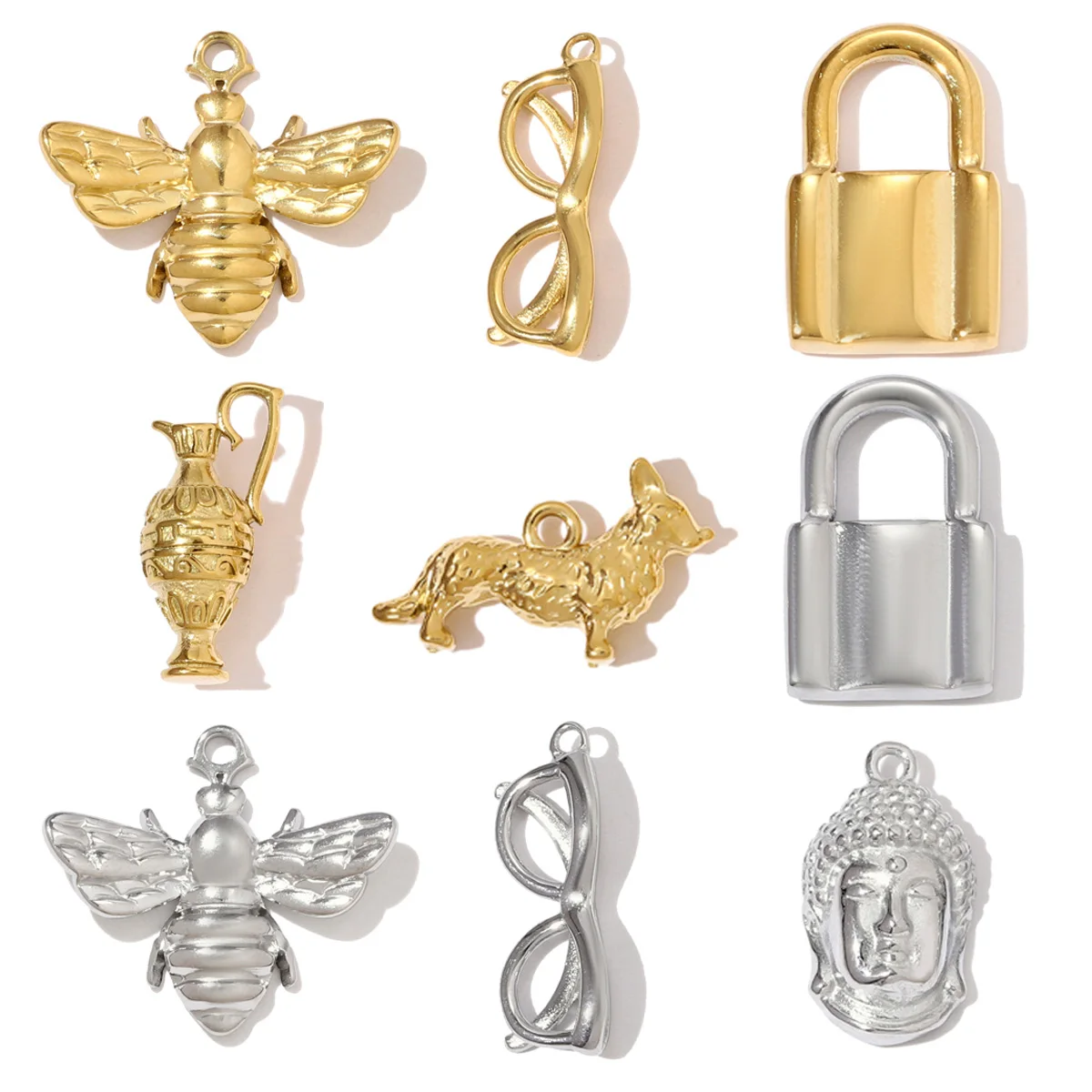 3pcs/Lot Fashion Stainless Steel 3D Lock Bee DIY Charms Glasses Buddha Head Necklace Pendants Women Kettle Corgi Dog Jewelry
