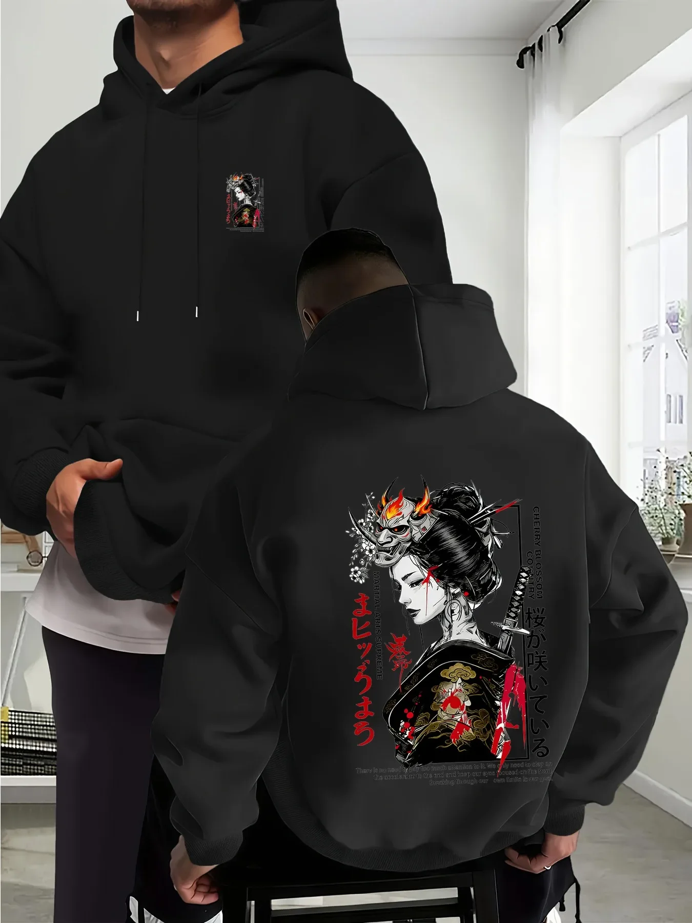 Men Japanese Geisha Oni Mask Hoodie Samurai Sword Cherry Blossom Vintage Graphic Print Loose Fit Streetwear Pullover Sweatshirt